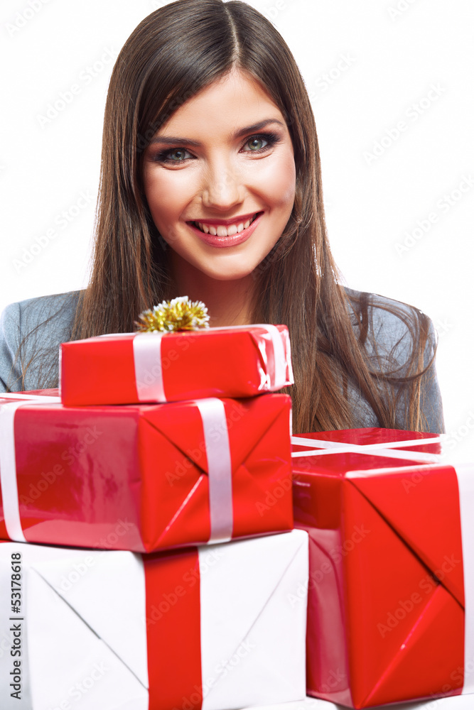 Business woman hold gift box. White background isolated Business woman hold gift box. White background isolated