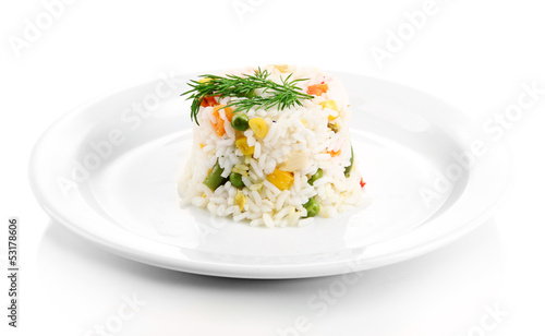 Delicious risotto with vegetables, isolated on white