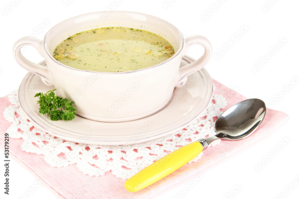 Nourishing soup with vegetables in pan isolated on white Nourishing soup with vegetables in pan isolated on white