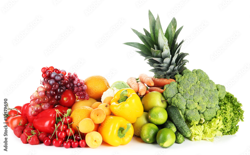 Assortment of fresh fruits and vegetables, isolated on white Assortment of fresh fruits and vegetables, isolated on white