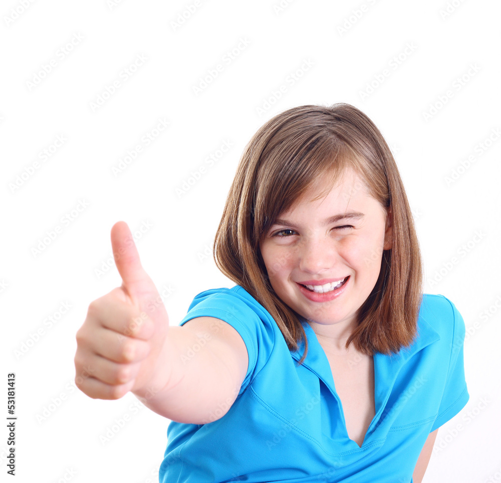 Happy positive girl show thumb up, isolated on white background. Happy positive girl show thumb up, isolated on white background.