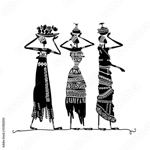 Hand drawn sketch of ethnic women with jugs