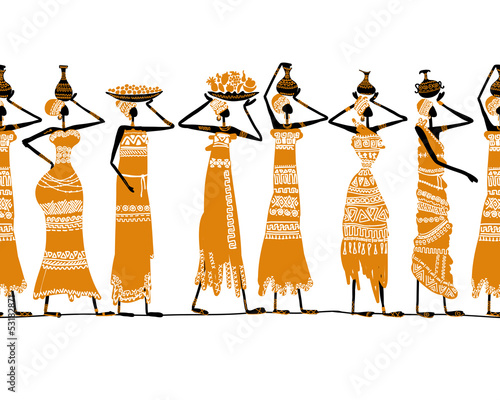 Ethnic women with jugs, seamless background for your design