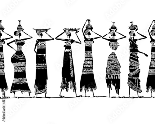 Ethnic women with jugs, seamless background for your design
