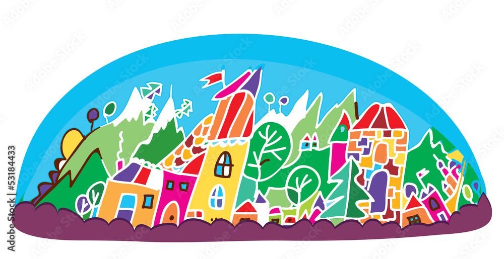 Fototapeta premium Funny landscape for tourism - mountains and town cartoon
