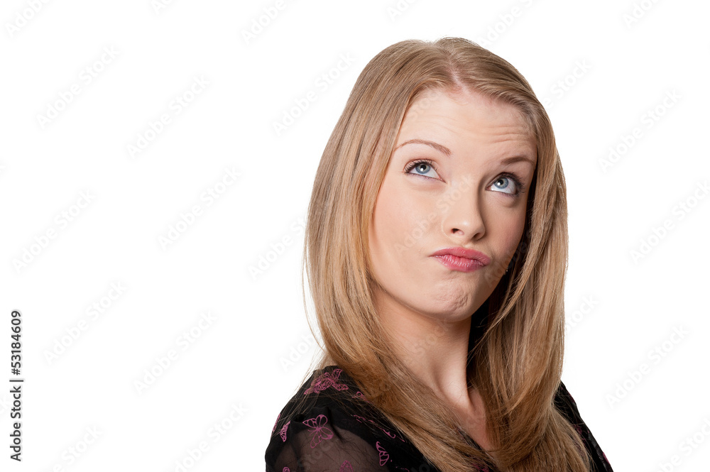 Attractive blonde woman thinking - humorous concept Attractive blonde woman thinking - humorous concept