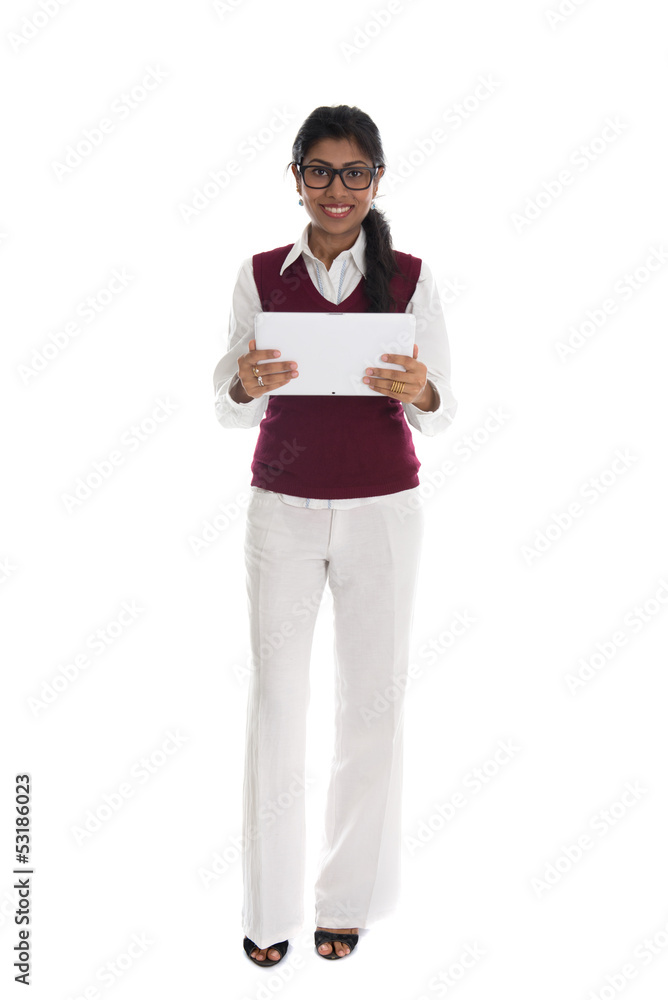 indian casual business woman with generic looking tablet indian casual business woman with generic looking tablet