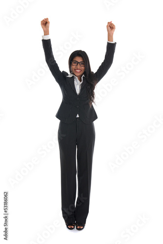 asian indian business woman celebrating success with black suit