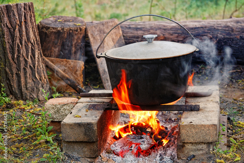 a large cauldron of soup on an open fire