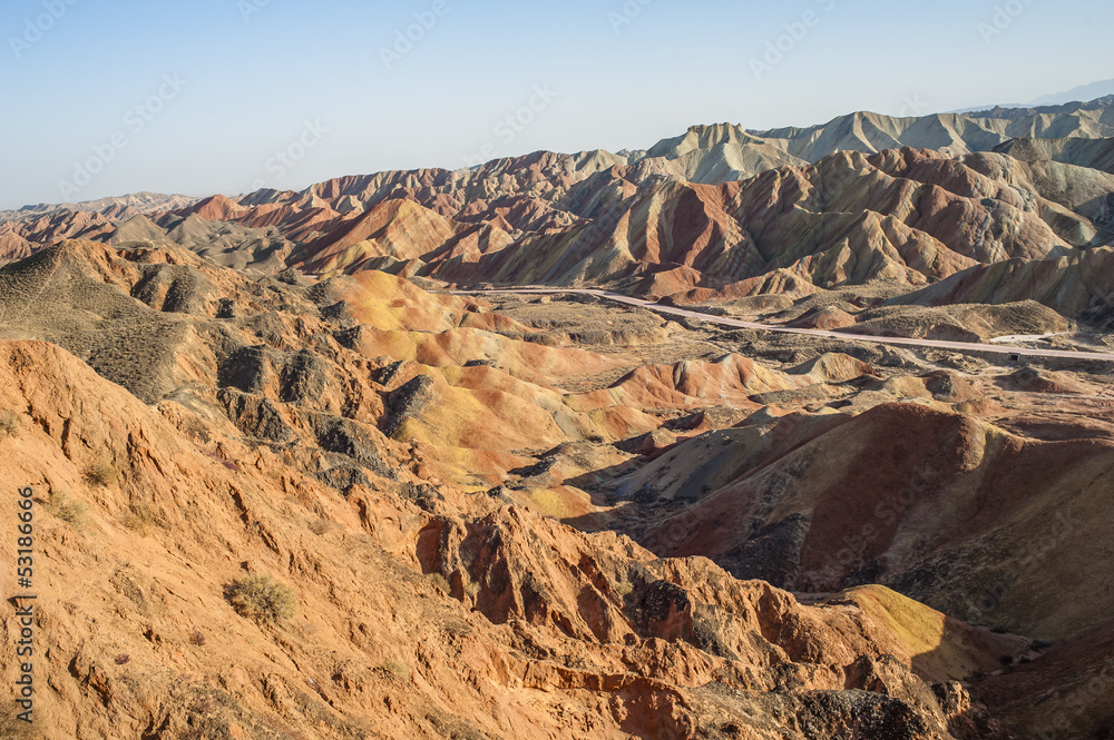 A route pass through the colorful mountain in Zhangye, Gansu of