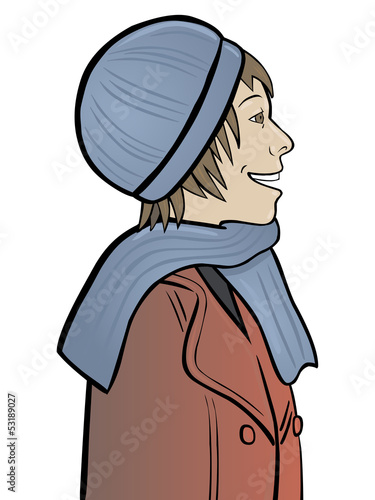 Junge Frau Maria in Seitenansicht mit Mütze und Trenchcoat