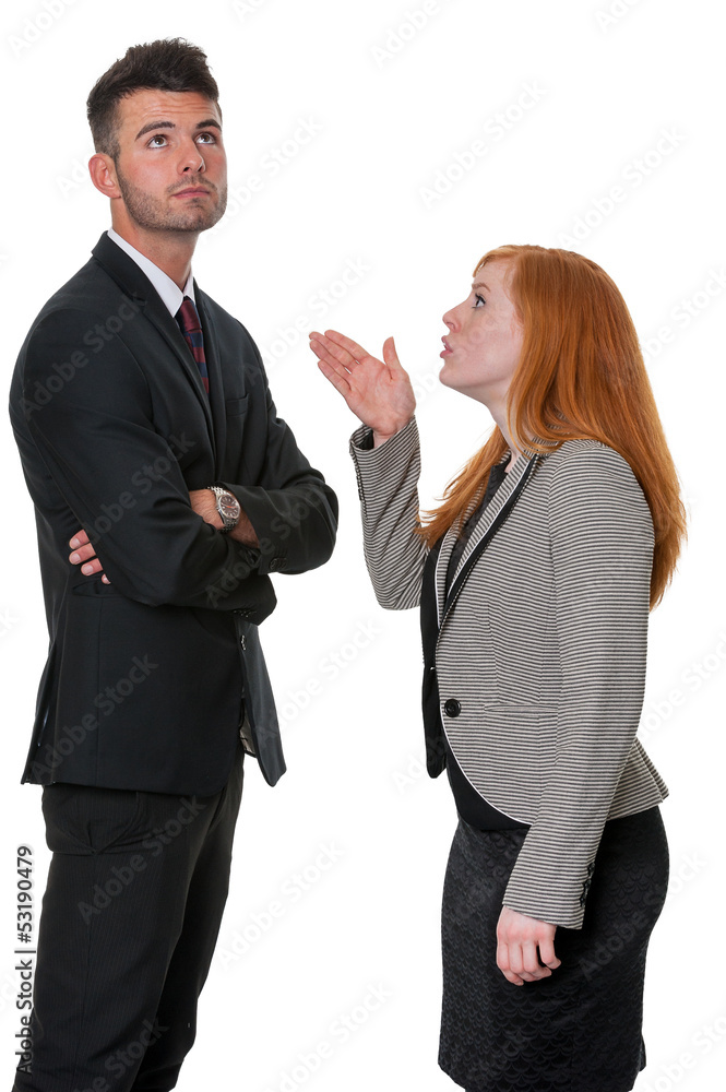 Man told off by woman - isolated on white Man told off by woman - isolated on white