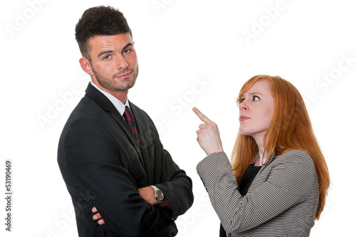 Man told off by woman - isolated on white