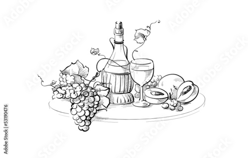 Wine bottle and glass still life with grape branch and peaches