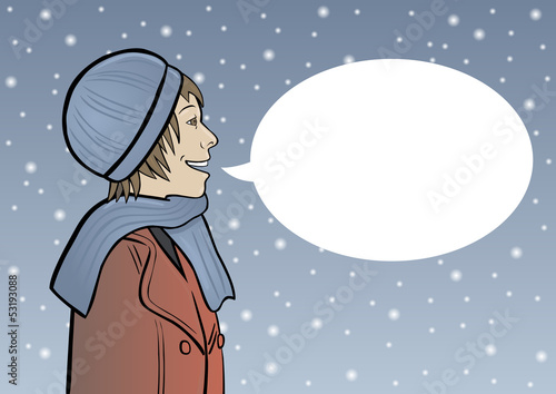 Junge Frau Maria im Winter mit Sprechblase