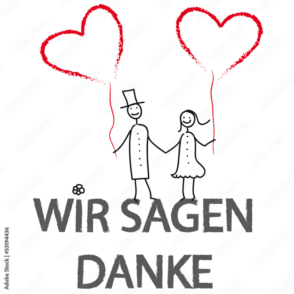 Wir sagen Danke! Hochzeitspaar mit Herzluftballons heiraten und sind