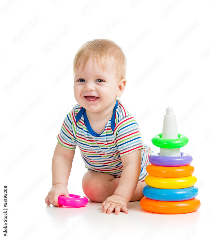 cheerful child playing with colorful toy isolated on white
