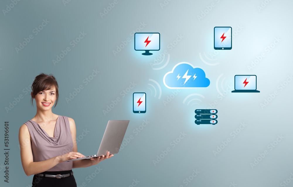 young woman holding a laptop and presenting cloud computing netw young woman holding a laptop and presenting cloud computing netw
