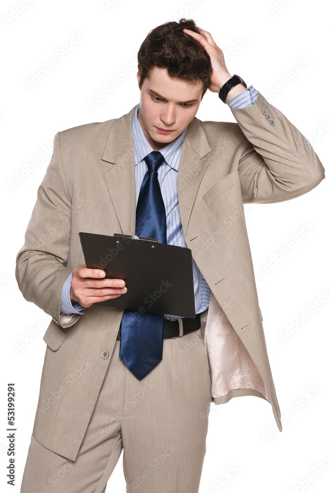 Business man with clipboard holding his head in frustration Business man with clipboard holding his head in frustration