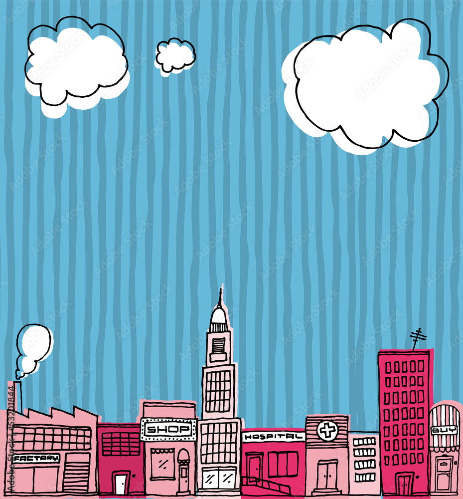 Naklejka premium Vector Skyline hand drawn / Cartoon city or Neighborhood