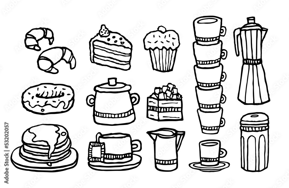 Coffee and sweet food / Handwritten cafe stuff set
