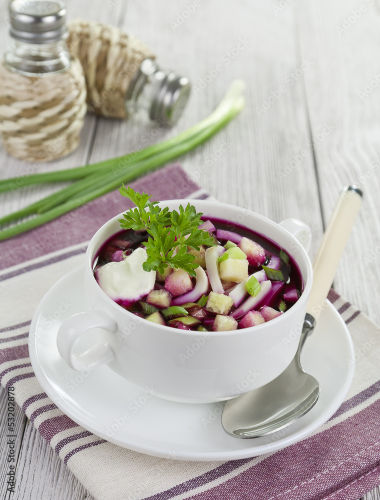 Beetroot soup with squid, cucumber and apple Beetroot soup with squid, cucumber and apple