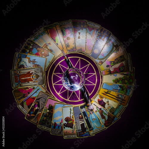 Valokuva Tarot card reading with crystal ball and wand 2