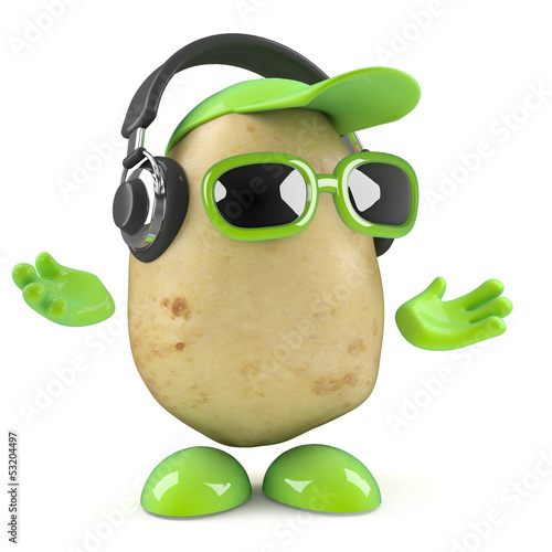 3d Potato man hangs out with his headphones on
