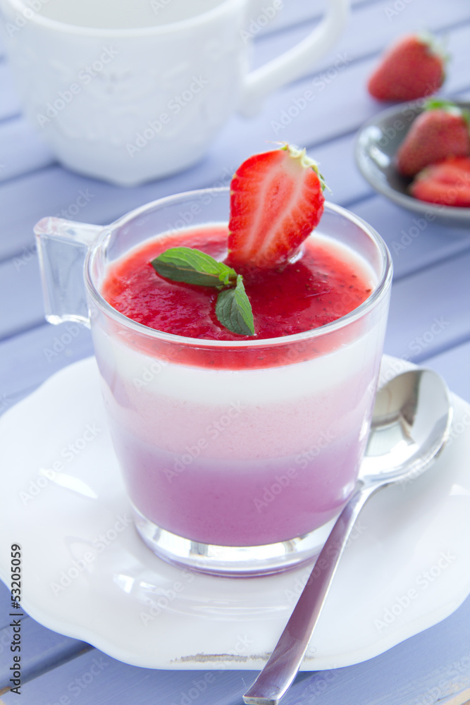 Panna cotta with strawberries and blueberries. Panna cotta with strawberries and blueberries.