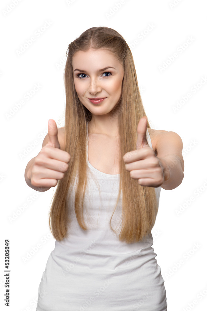 Picture of lovely teenage girl with thumbs up isolated on white Picture of lovely teenage girl with thumbs up isolated on white