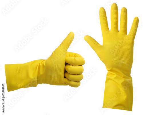 One hand in yellow rubber glove isolated on white background