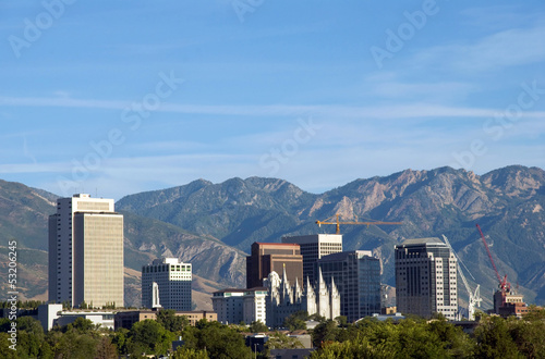 Skyline of Salt Lake City, Utah framed by the Wasatch Mountains