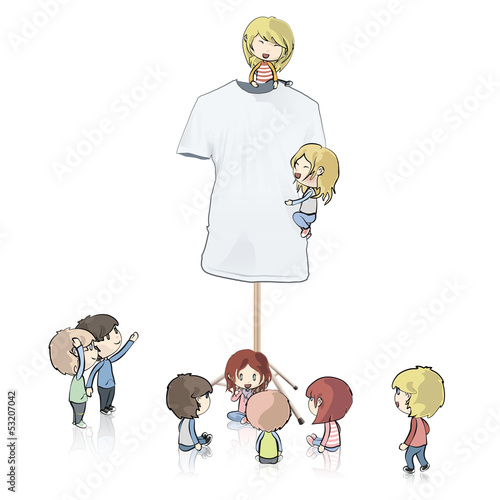 Kids around empty white shirt. 