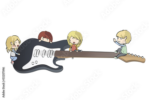 Kids holding guitar.