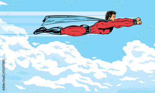 Superhero flying in the clouds