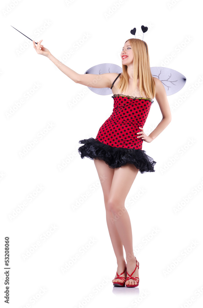 Woman in bee costume isolated on white Woman in bee costume isolated on white