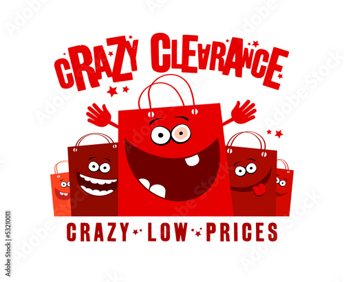 Crazy clearance low prices illustration with shopping bags 