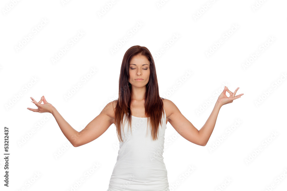 Attractive girl dressed in white practicing yoga Attractive girl dressed in white practicing yoga
