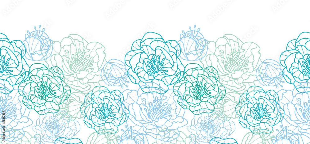 Vector blue line art flowers elegant horizontal seamless pattern