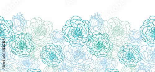 Vector blue line art flowers elegant horizontal seamless pattern