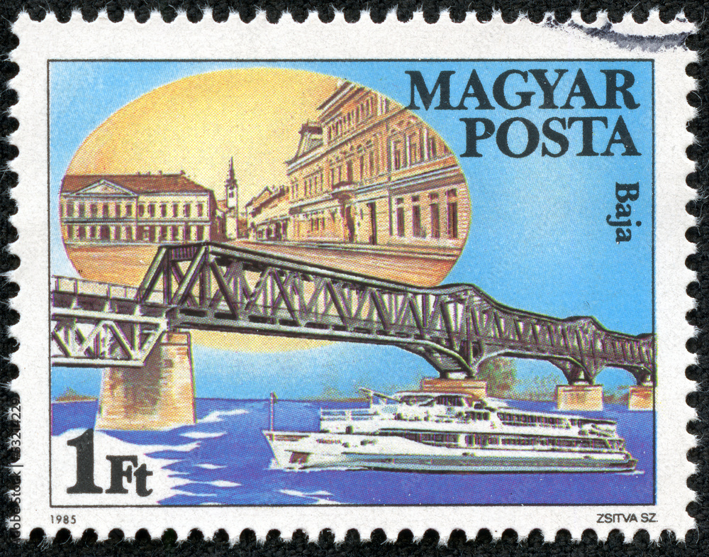 stamp printed by Hungary, shows Baja Bridge in Hungary