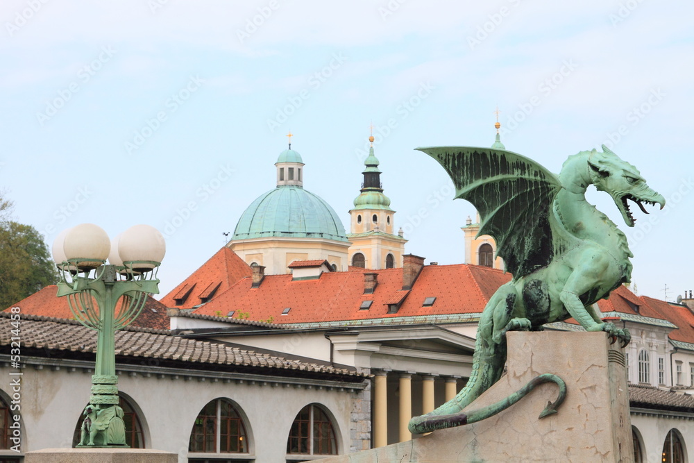 dragon bridge and cityscape of Ljubljana, capital of Slovenia