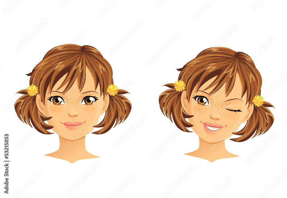 Cute girl with two ponytails winking and smiling Cute girl with two ponytails winking and smiling