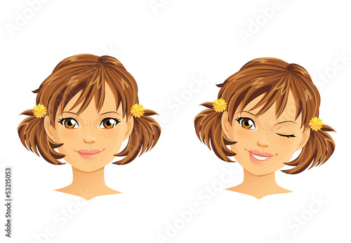 Cute girl with two ponytails winking and smiling