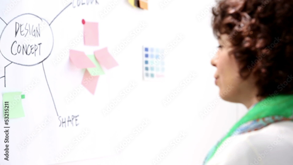 Thoughtful woman looking creative board Thoughtful woman looking creative board