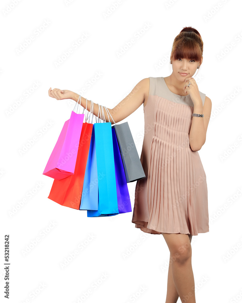 Isolated Young Asian Woman With colorful Shopping Bags
