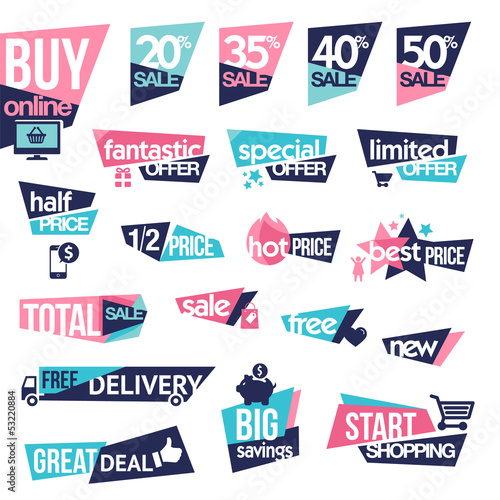 Set of stickers and badges for sale