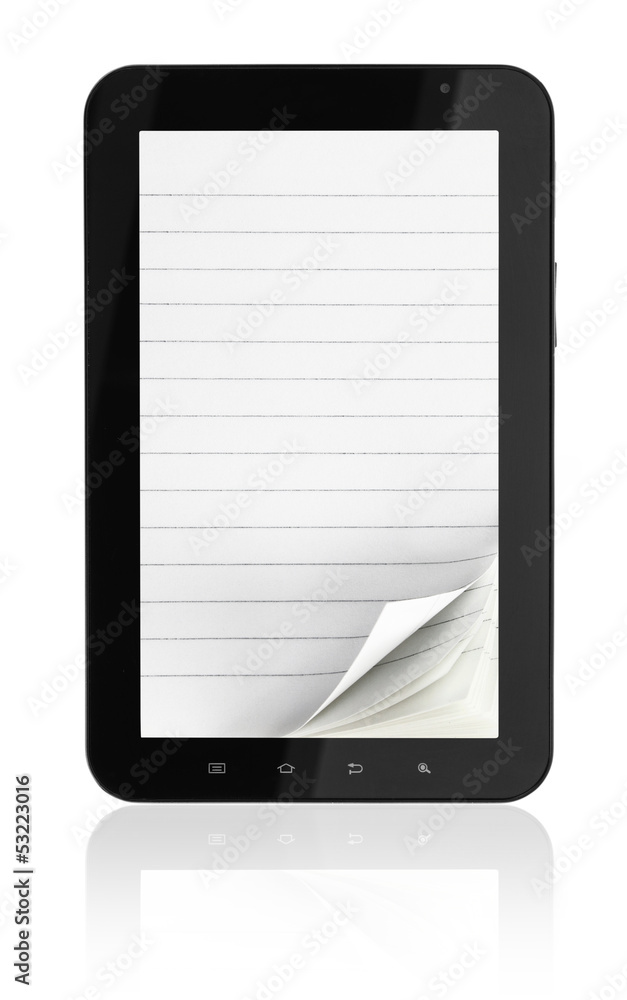 Tablet computer with notebook pages on white background Tablet computer with notebook pages on white background