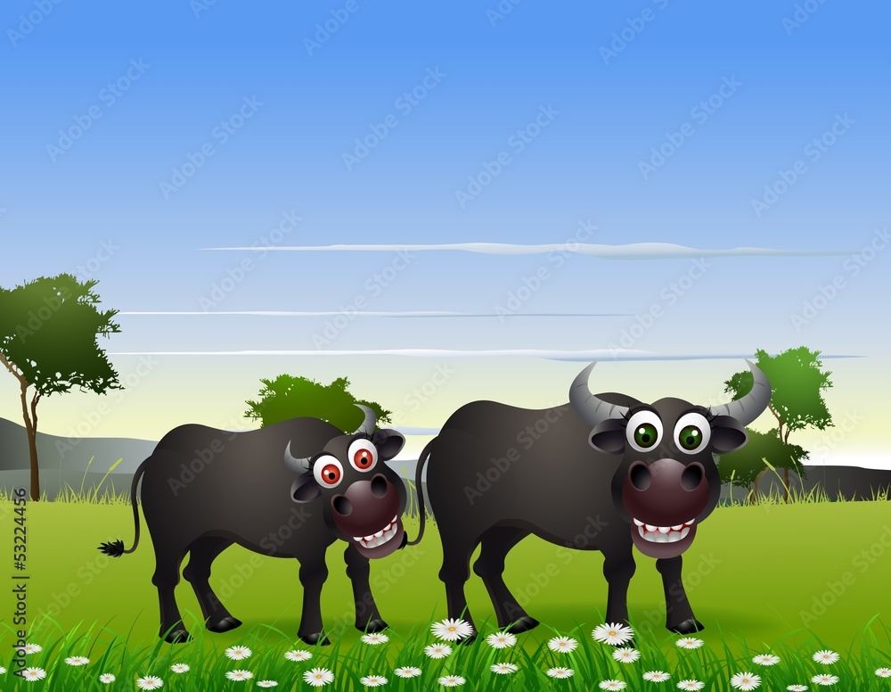 funny buffalo cartoon with landscape background Stock Vector | Adobe Stock