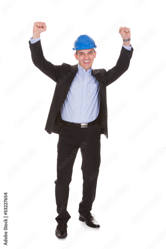 Portrait Of Male Architect With Arms Raised Portrait Of Male Architect With Arms Raised